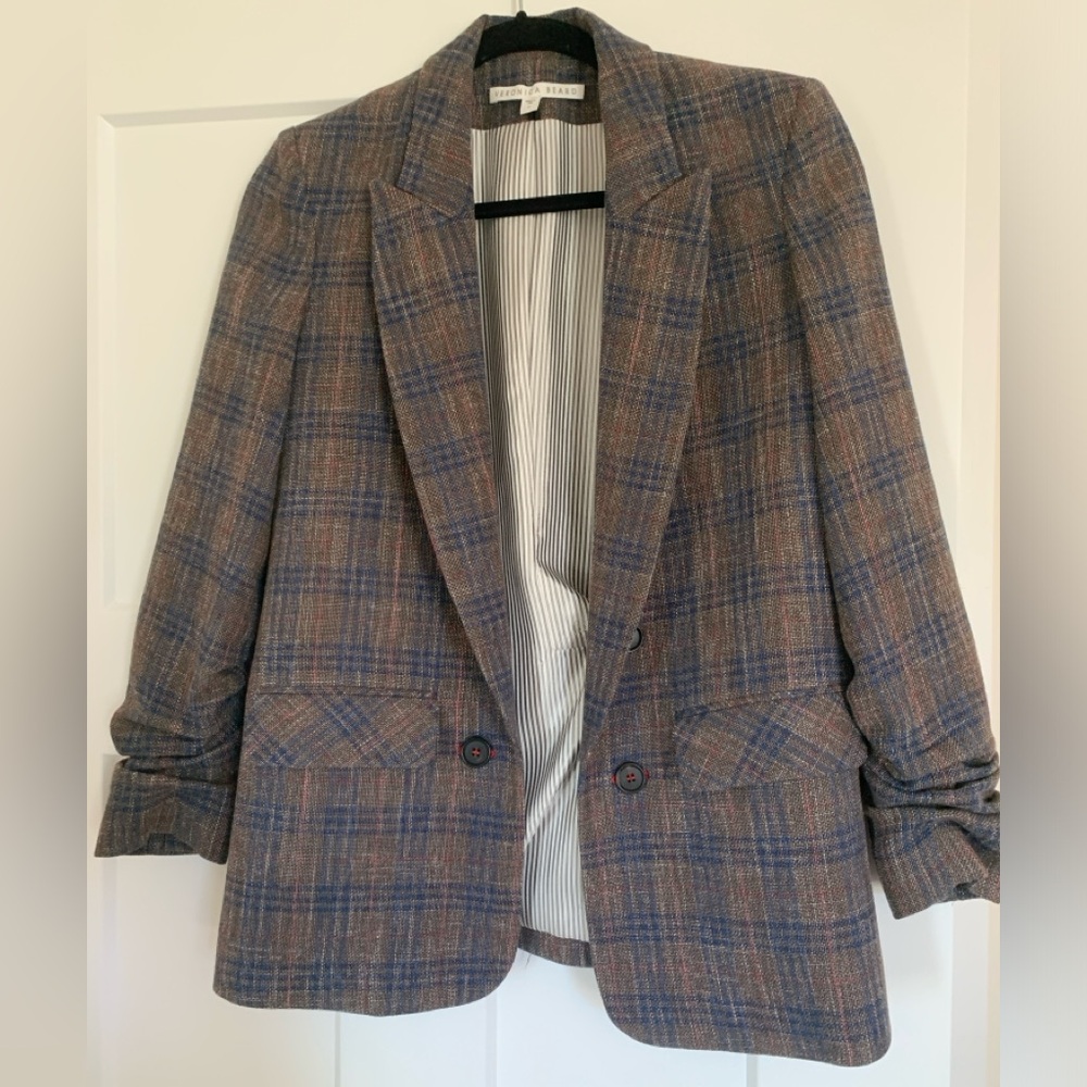 Veronica Beard brown plaid blazer with ruched sleeves